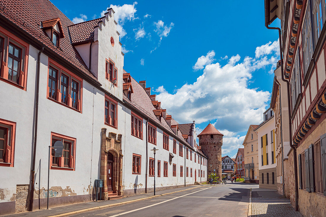 State Office for Surveying and Geoinformation and Powder Tower in Schmalkalden, Thuringia, Germany