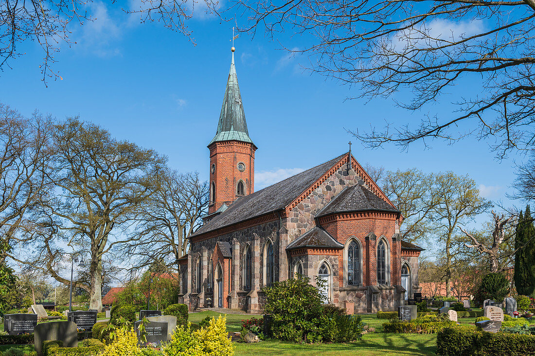 View of the St Marien Church from Basthorst, Duchy of Lauenburg, Schleswig-Holstein, Germany