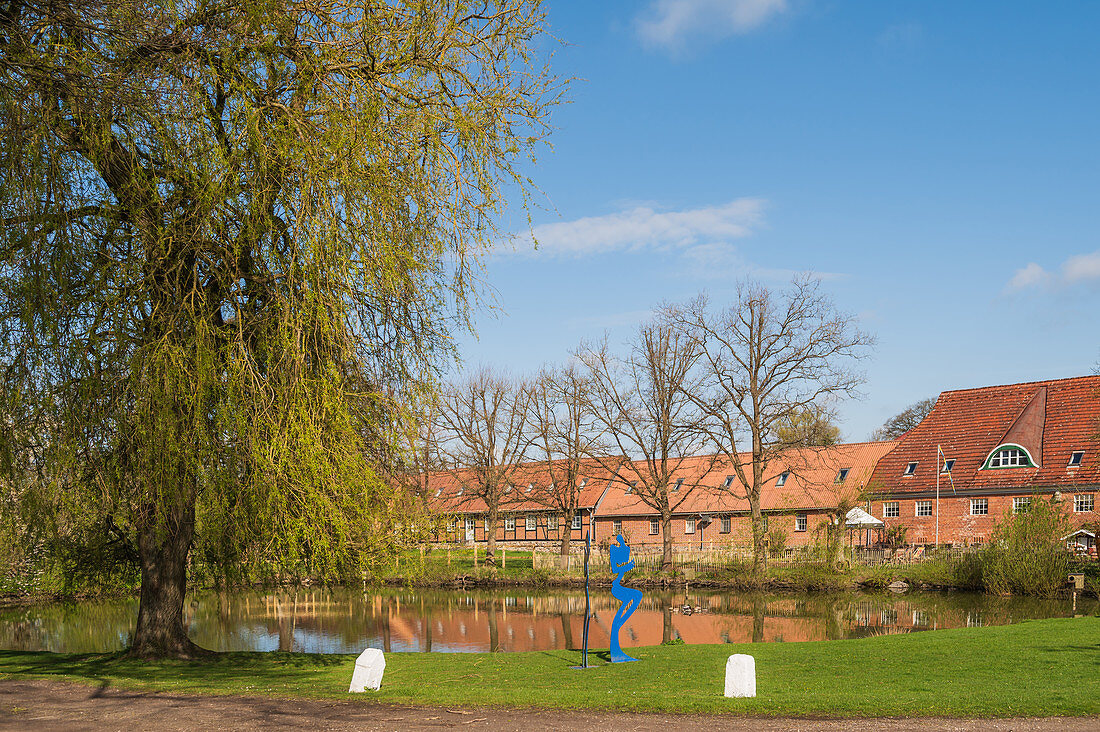 View of the village pond of Basthorst, Duchy of Lauenburg, Schleswig-Holstein, Germany