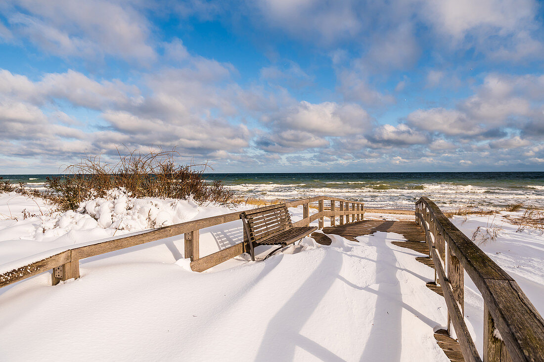 Snow drifts at the beach crossing in Dahme, Baltic Sea, Ostholstein, Schleswig-Holstein, Germany