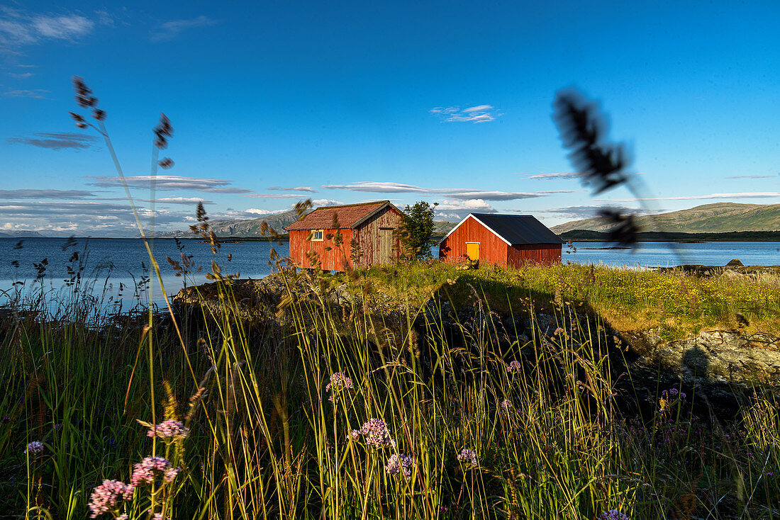 Red boathouse, Leka island, Norway