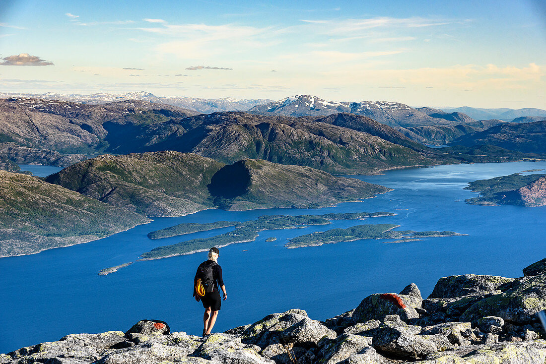View from the summit of Skjerdingen on the Helgeland coast, hike to the 'The Seven Sisters' seven peaks near Sandnessjöen, Norway
