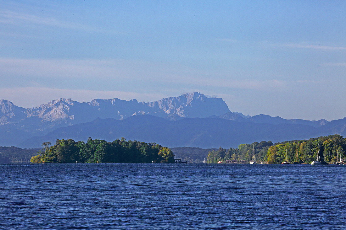 Starnberger See with the Roseninsel and the Zugspitze in the background, 5-Seen-Land, Upper Bavaria, Bavaria, Germany