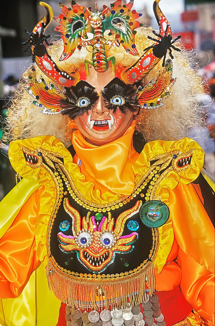 Woman wearing carnival costume, Oruro Carnival, Oruro, Bolivia, South America