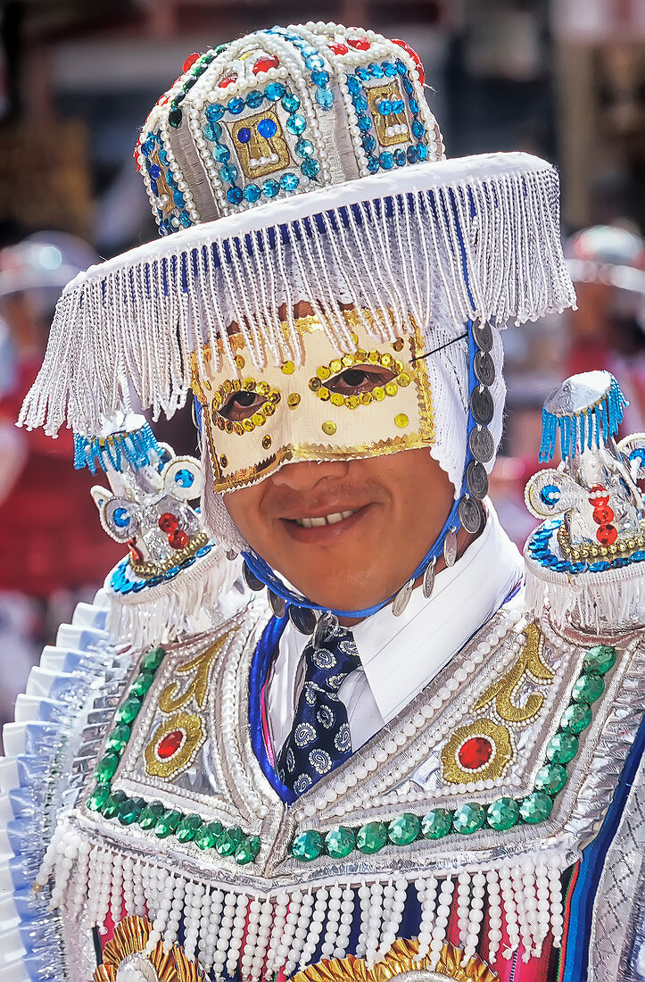 Man wearing traditional costume, Copacabana, Titicaca Lake, Bolivia, South America