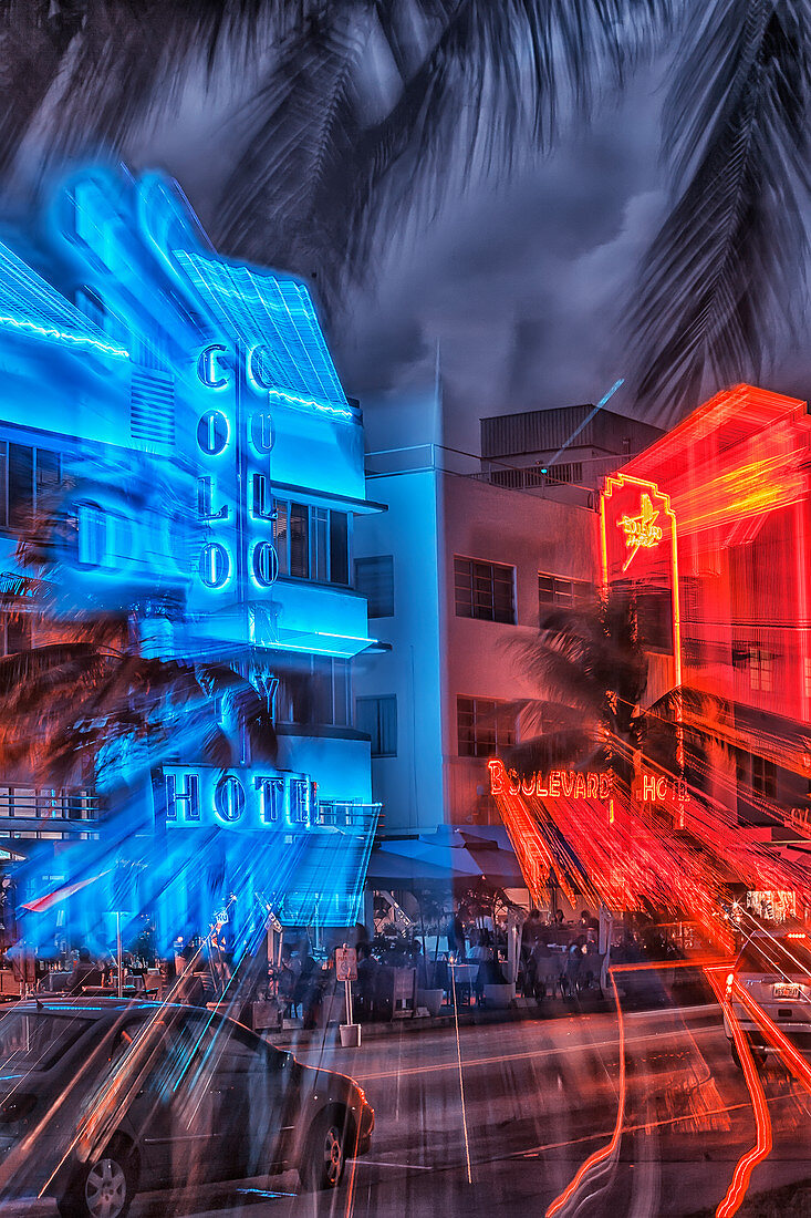 Ocean drive by night, South Beach, Miami, Florida, USA