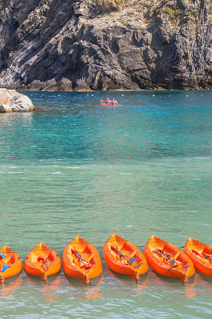 People kayaking, Vernazza, Cinque Terre, Liguria, Italy, Europe