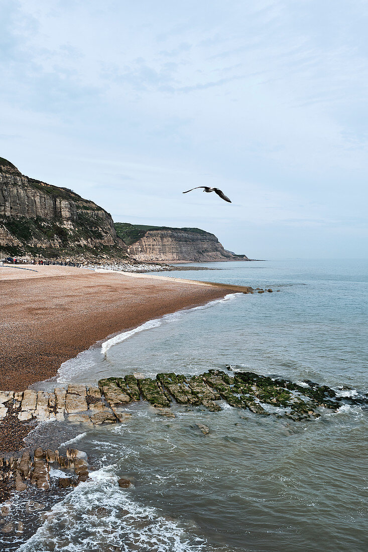 Ein Blick auf Rock A Nore Beach in Hastings, East Sussex, UK