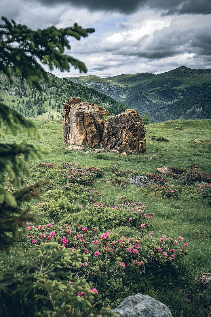 Red rocks at the red castle, Nockberge Biosphere Park, Carinthia, Austria, Europe.