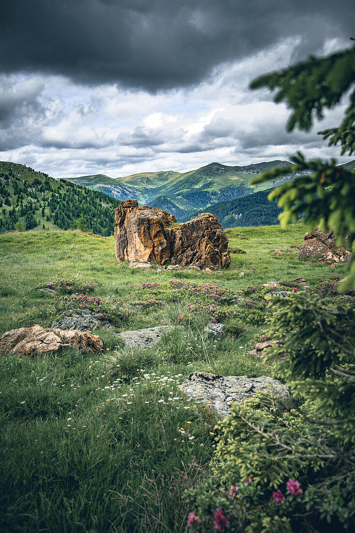 Red rocks at the red castle, Nockberge Biosphere Park, Carinthia, Austria, Europe.