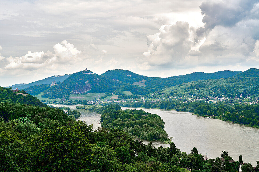 View over the Rhine and the island of Nonnenwerth to the Siebengebirge with Petersbergt, Drachenfels, Ölberg, NRW, Germany