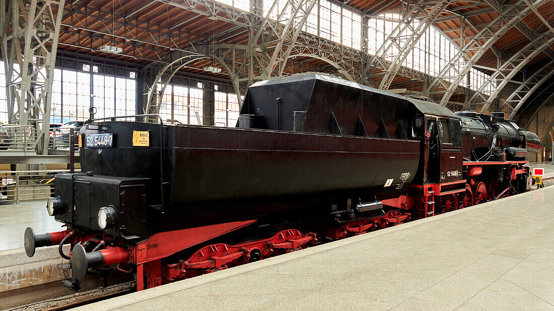 Historic locomotives at Leipzig Central Station, Saxony, Germany
