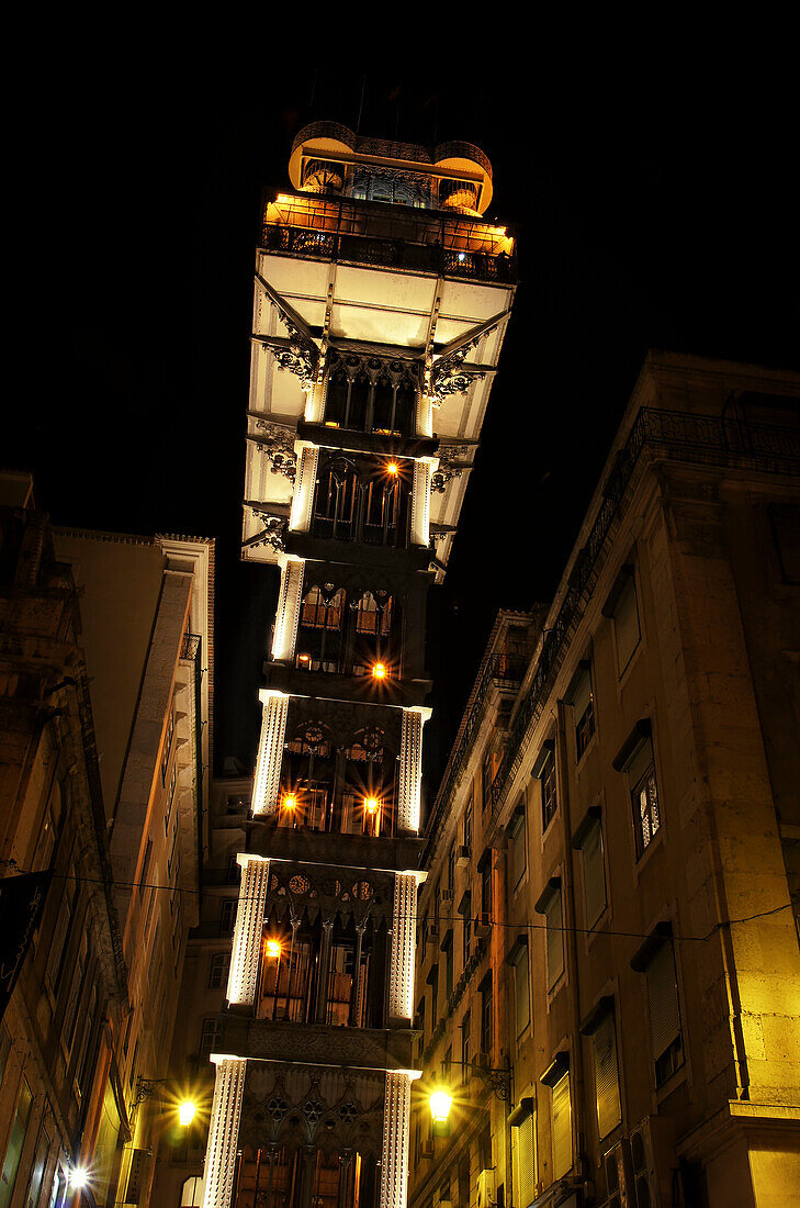 The Santa Justa Elevator in Lisbon at night, Portugal, Europe