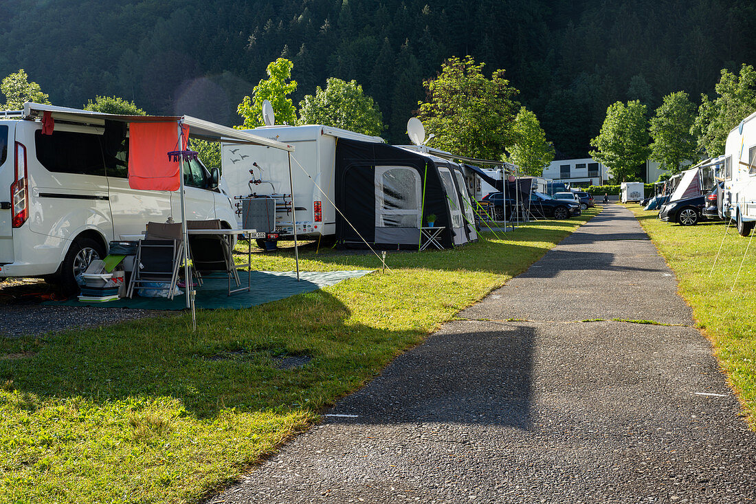 Camping ground at Millstaetter See in the morning light, Döbriach, Austria, Europe.