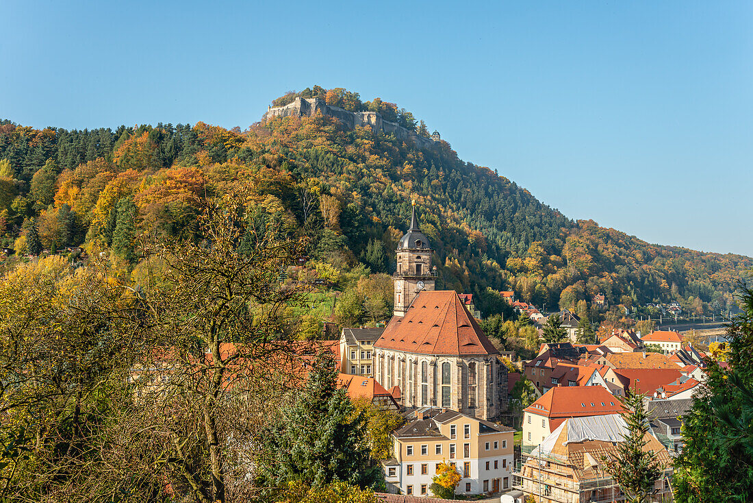 View over the town of Koenigstein in the Elbe Sandstone Mountains, Saxony, Germany