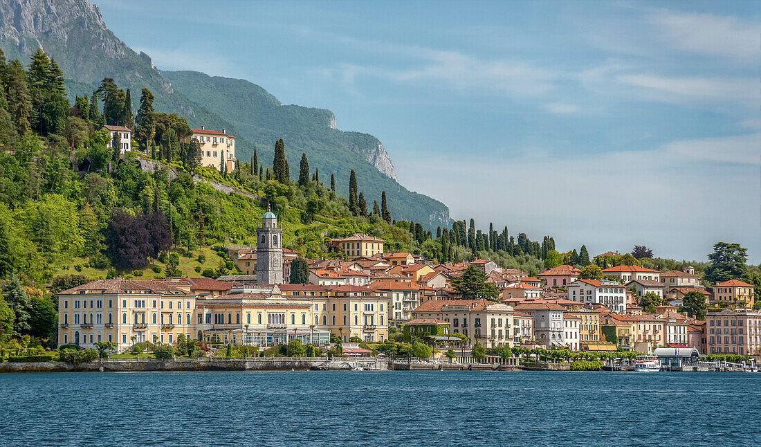 View of Bellagio on Lake Como seen from the lake side, Lombardy, Italy