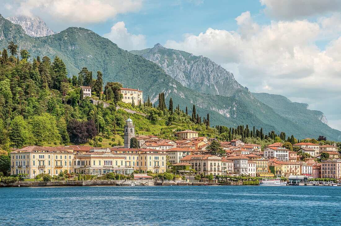 View of Bellagio on Lake Como seen from the lake side, Lombardy, Italy