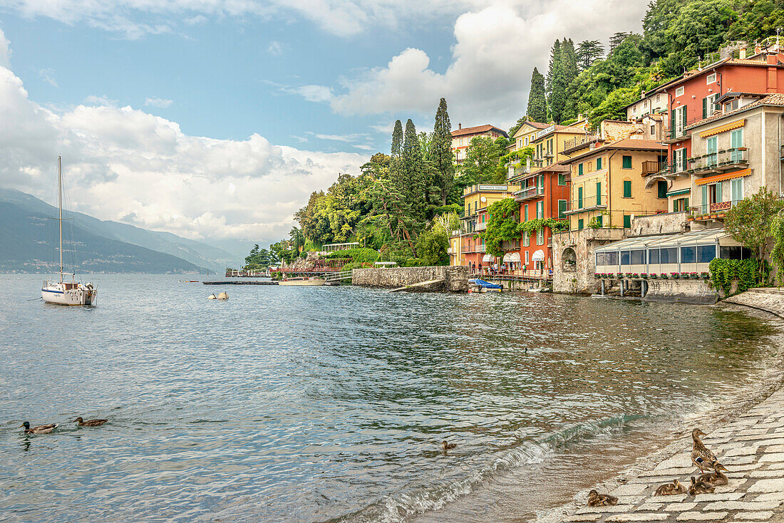 Lake promenade of Varenna on Lake Como seen from the lake side, Lombardy, Italy
