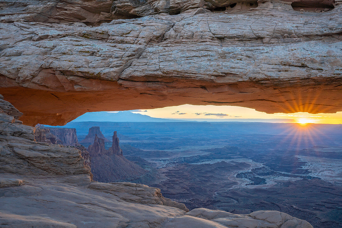 Close up view of canyon through Mesa Arch at sunrise, Canyonlands National Park, Utah, United States of America, North America