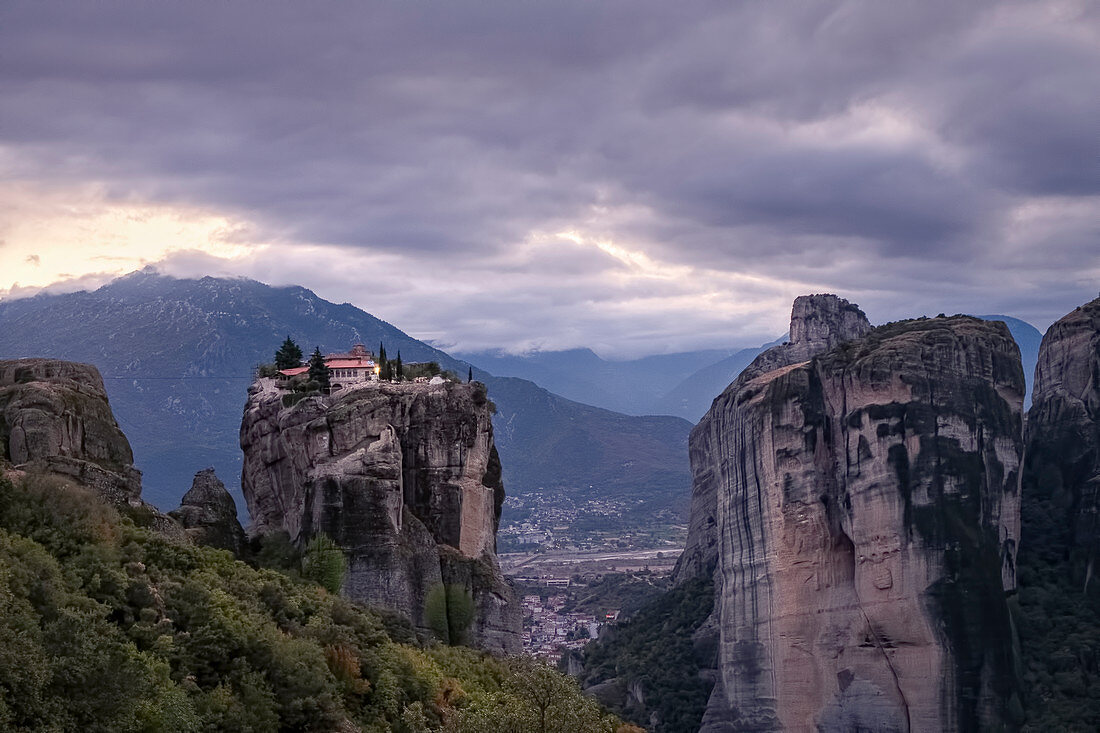 Aghia Triada Meteora Monastery on a cloudy evening, UNESCO World Heritage Site, Thessaly, Greece, Europe