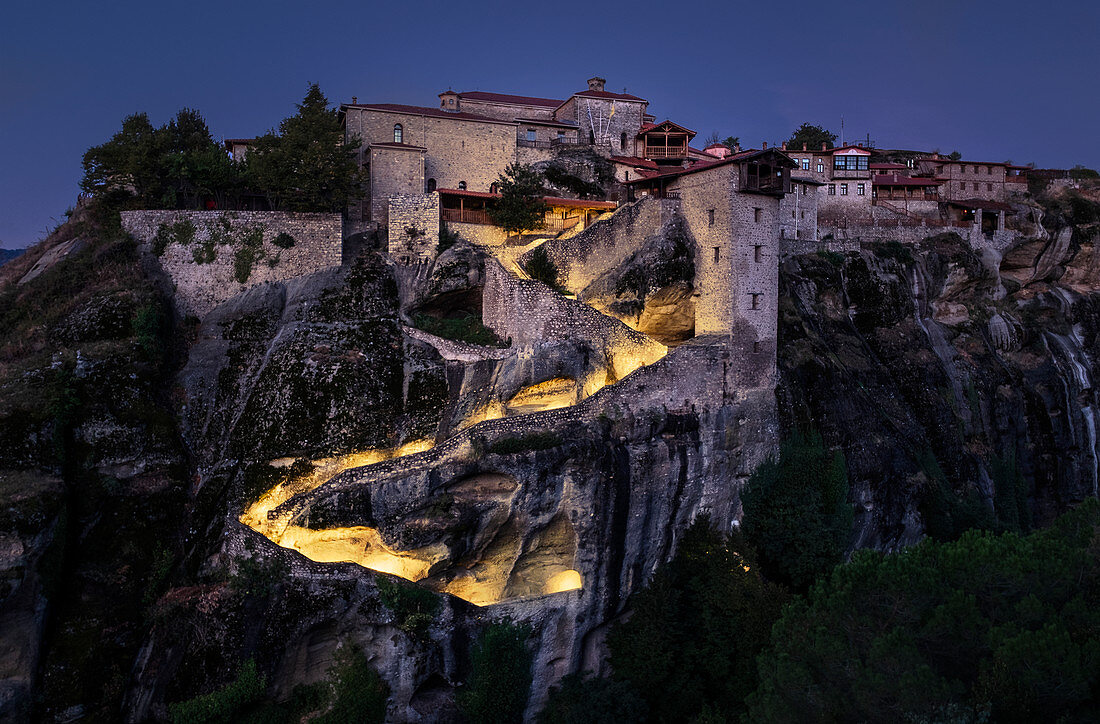Megalo Meteoro Monastery in the blue hour before sunrise, Meteora, UNESCO World Heritage Site, Thessaly, Greece, Europe