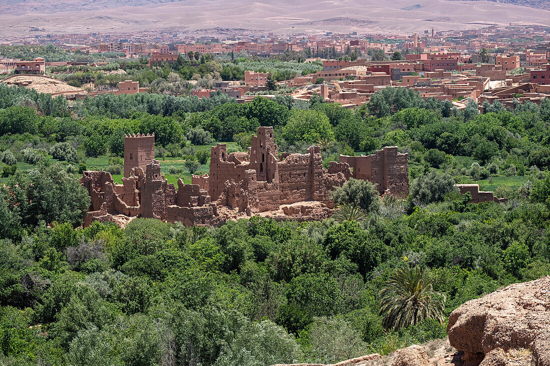 Ruinen eines alten Palastes in der Mitte einer Palmenoase, Marokko, Nordafrika, Afrika