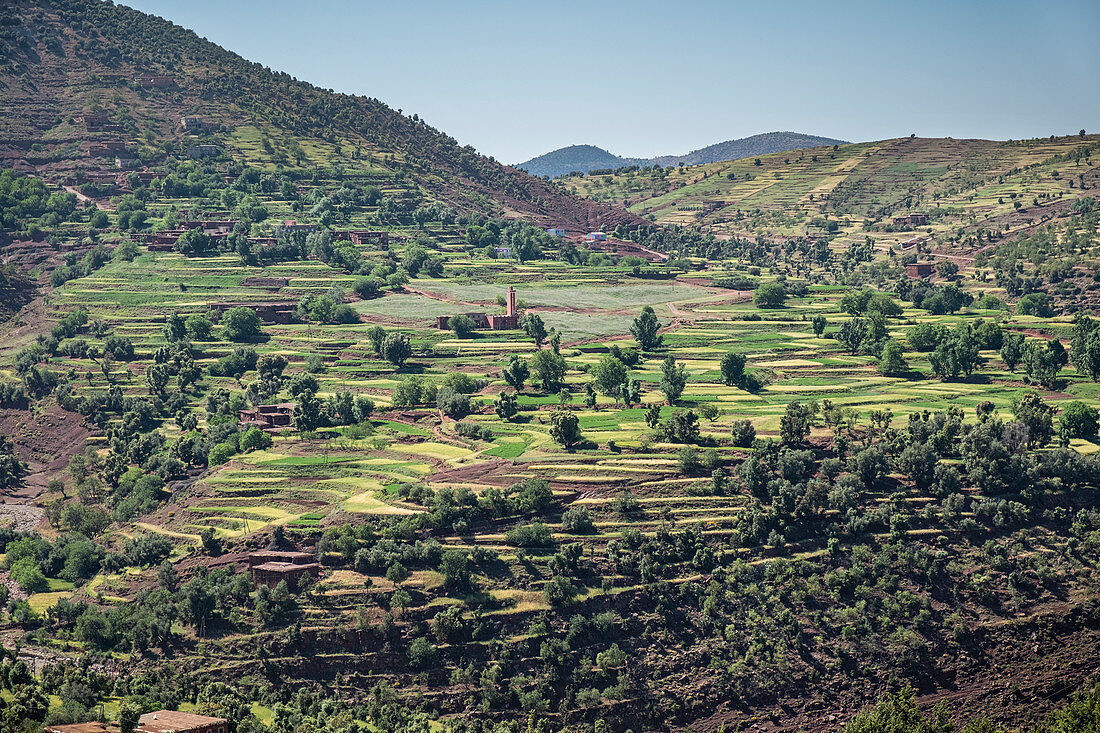 Landschaft von Bauernhöfen in der Atlasgebirgsregion, Marokko, Nordafrika, Afrika