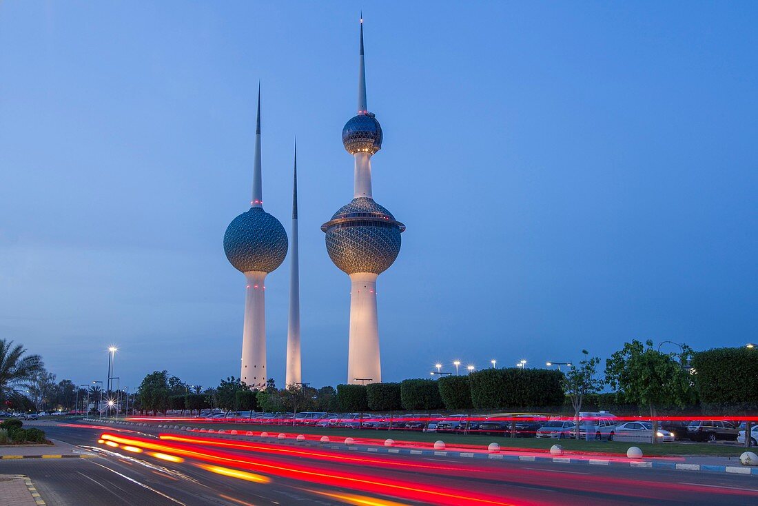 Kuwait, Persian Gulf, Kuwait City, The Kuwait towers, the symbol of the country, at Kuwait Bay 