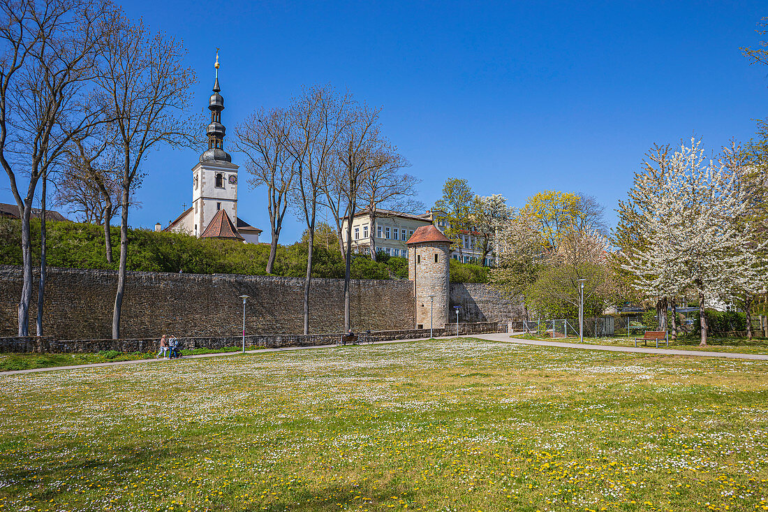 City wall Am Unteren Wall and St. Salvator Church in Schweinfurt, Bavaria, Germany