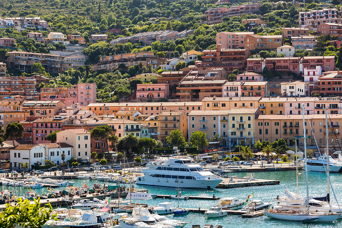 Porto Santo Stefano on Monte Argentario, harbour with boats moored.