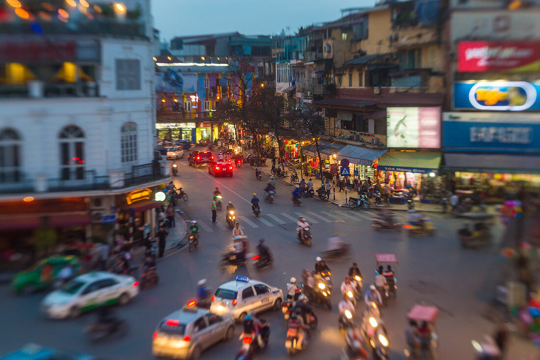 View of chaotic traffic at the Dong Kinh Nghia Thuc Square in the Old Quarter of Hanoi, Vietnam