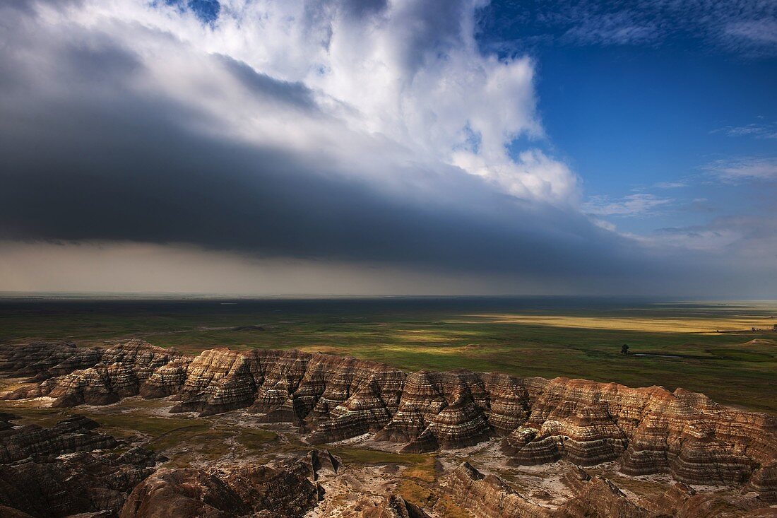 USA,South Dakota,Badlands National Park,Badlands with clearing storm clouds