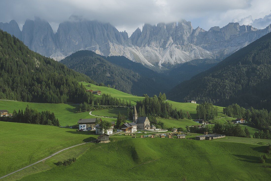 Italy,South Tyrol,Funes,Santa Magdalena,Landscape with village in valley