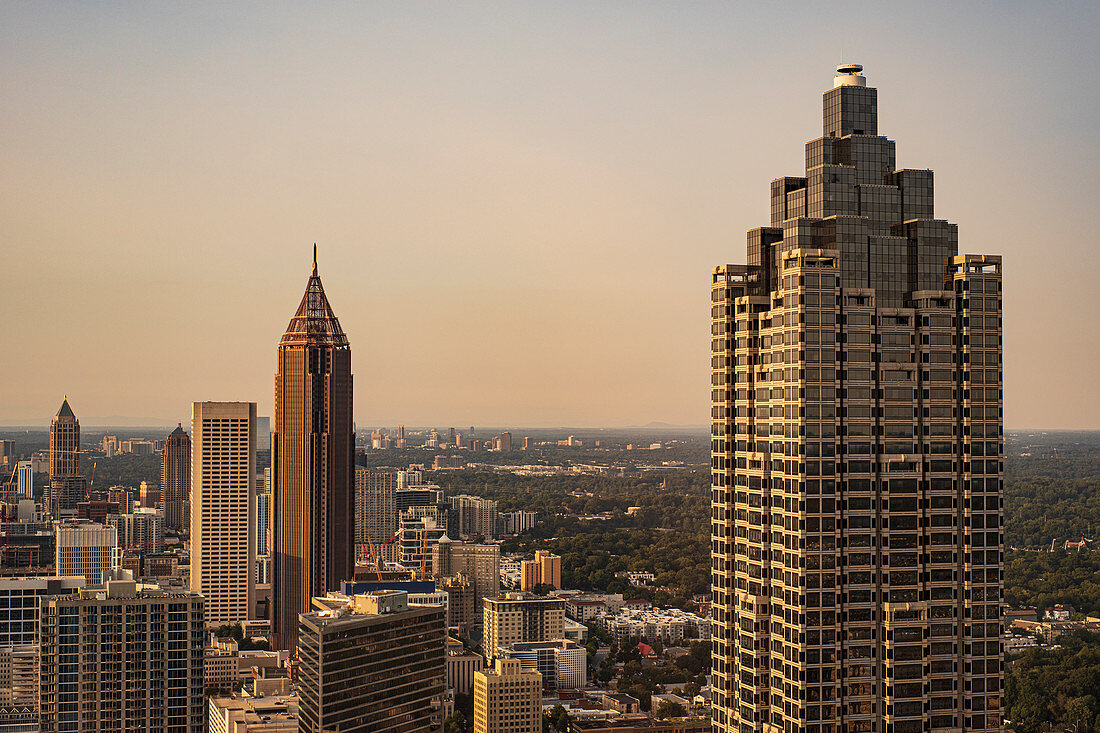 USA,Georgia,Atlanta,Downtown skyscrapers at sunset