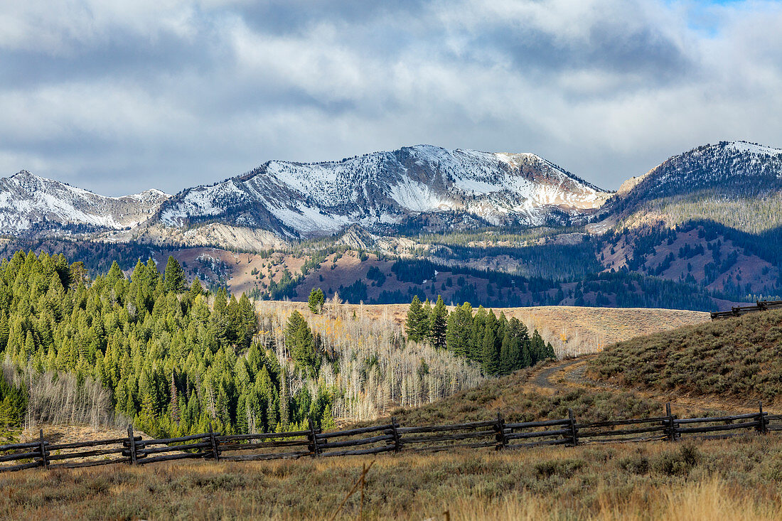 USA,Idaho,Stanley,Ranch landscape with mountains and forests
