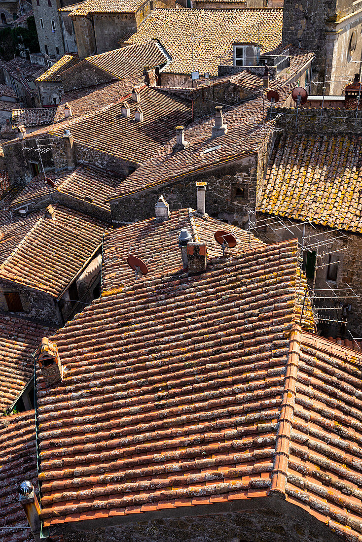 Above the roofs of Sorano, Province of Grosseto, Tuscany, Italy, Europe