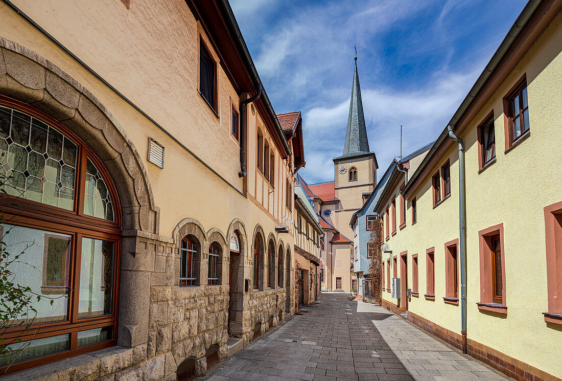 Schulgasse and St. Jakobus in Bad Kissingen, Bavaria, Germany