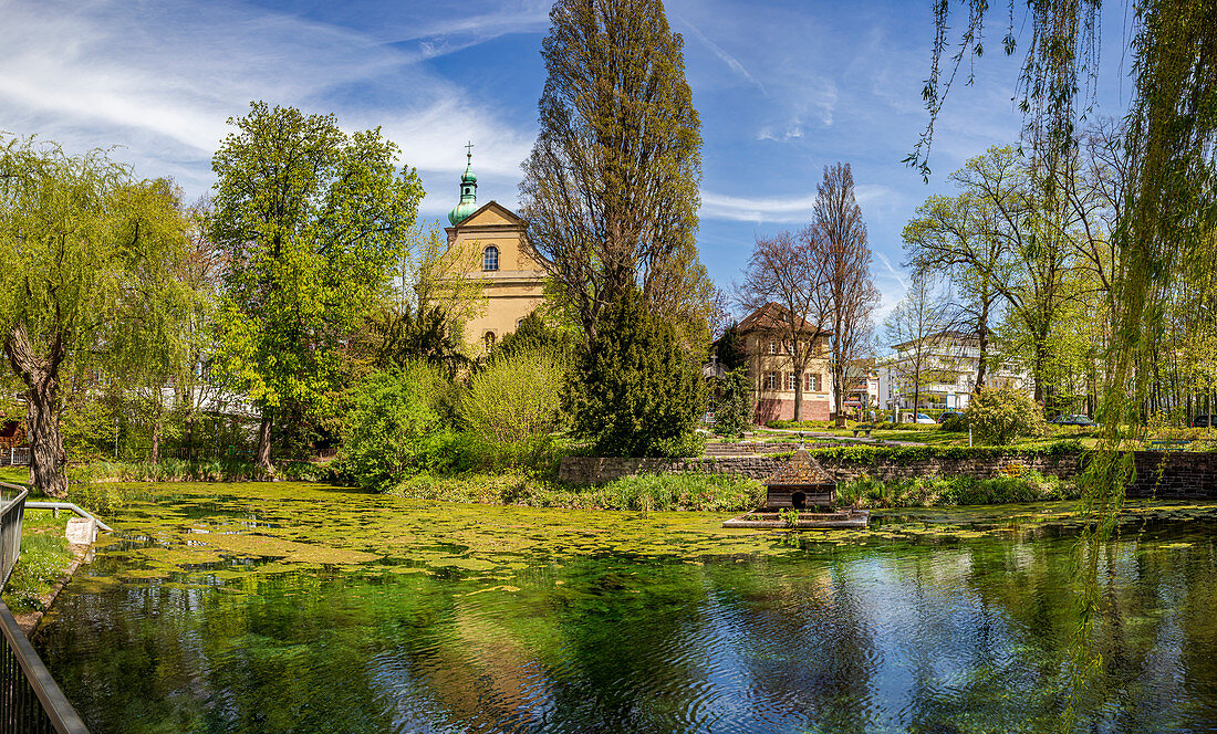 Liebfrauensee in front of the Marienkapelle in Bad Kissingen, Bavaria, Germany