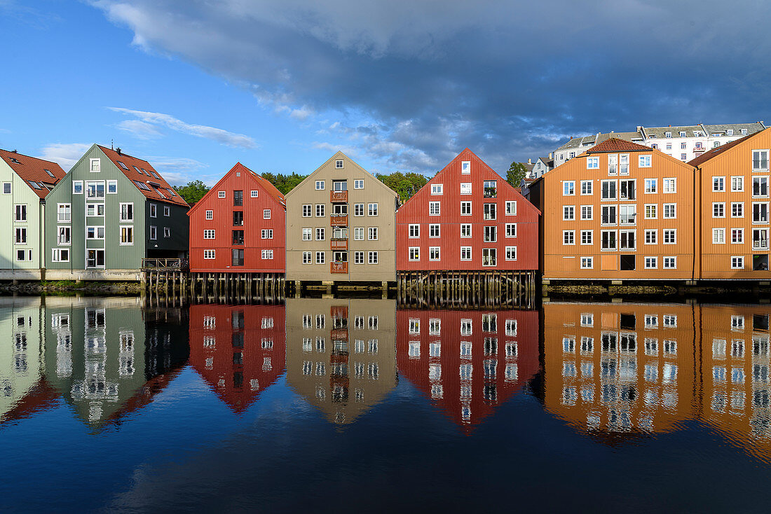 On the river Nidelv with old warehouses, Trondheim, Norway