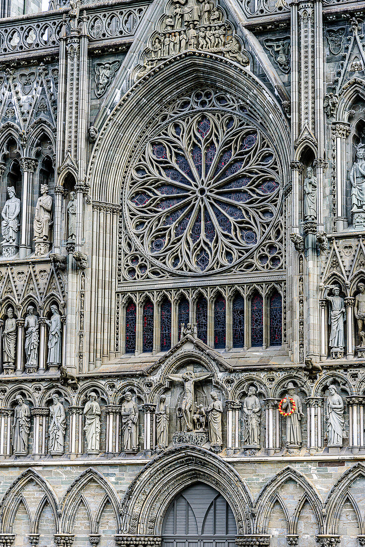 Nidaros Cathedral with wreath on the west facade, Trondheim, Norway
