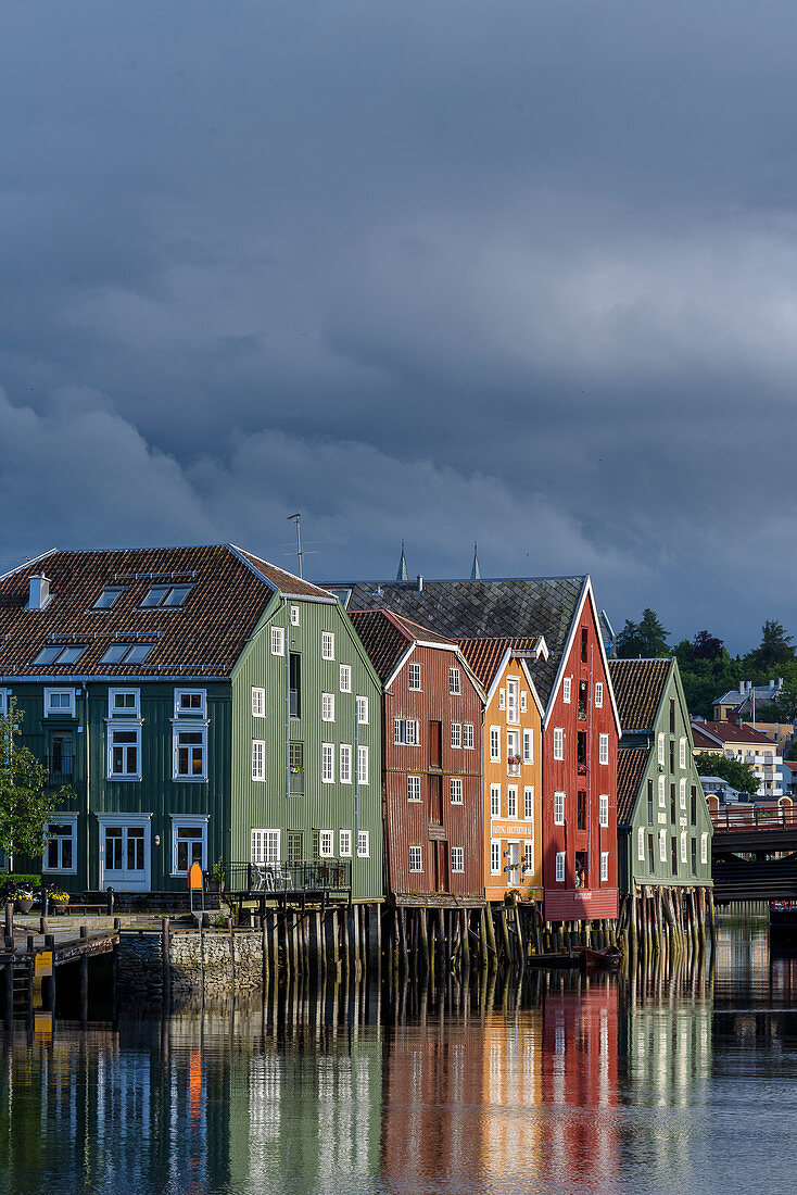 On the river Nidelv with old warehouses, Trondheim, Norway