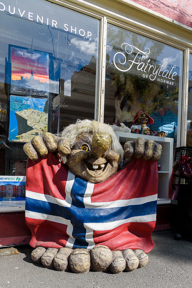 Souvenier shop with troll figure and flag, Trondheim, Norway