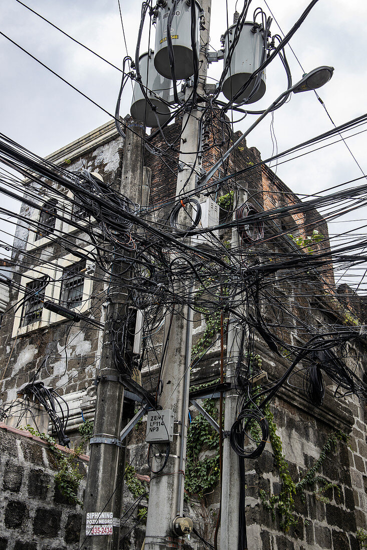 Power lines in the old town of Intramuros, Manila, National Capital Region, Philippines, Asia