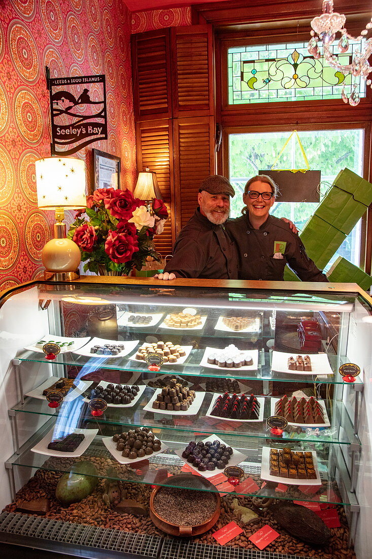 Owners Derek Ouellet and Cindy Healy of the Ridgway Confections Chocolate Shop, Seeley's Bay, near Kingston, Ontario, Canada, North America North