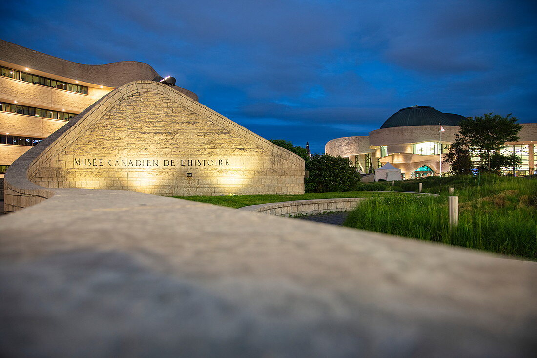 Exterior view of the Canadian Museum of History at dusk, Ottawa, Ontario, Canada, North America