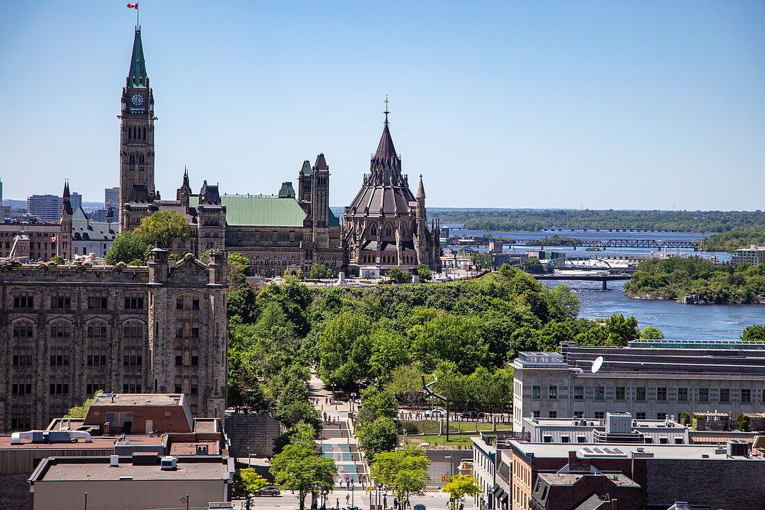 View over city with Parliament Buildings, Ottawa, Ontario, Canada, North America