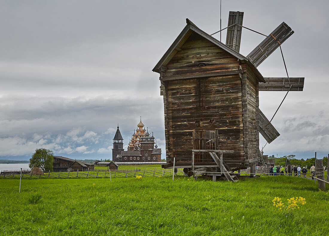 Museum Island Kishi, Windmill, Kishi Architectural Ensemble, Church of the Transfiguration of Christ , Church of the Protection of the Virgin Mary, Church of the Protection and Intercession , Kizhi Island, Kizhi Island, Lake Onega, Republic of Karelia, Russia, Europe