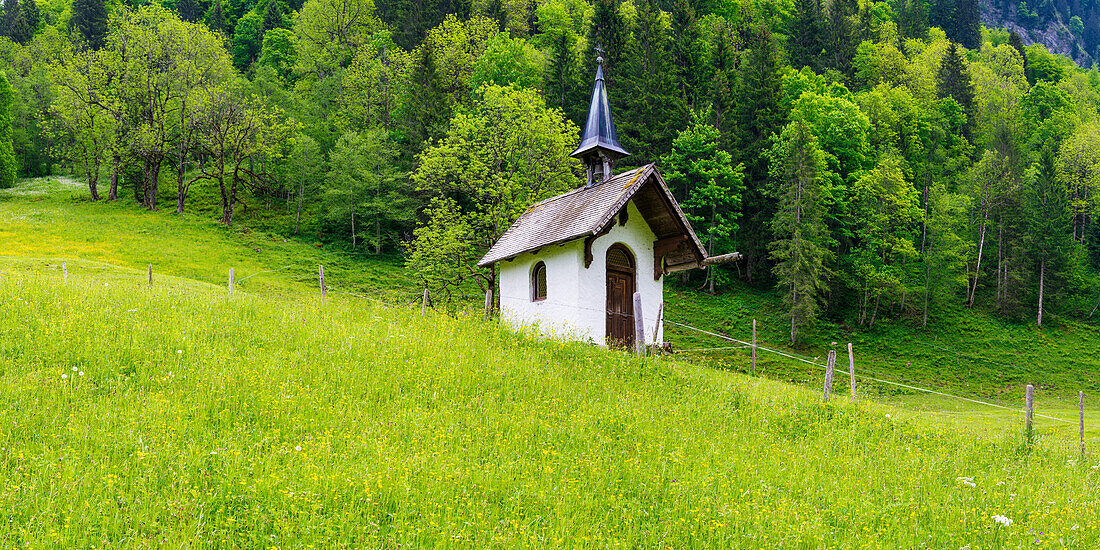 Meadow chapel near Spielmannsau, Trettachtal, near Oberstdorf, Allgäu, Bavaria, Germany, Europe