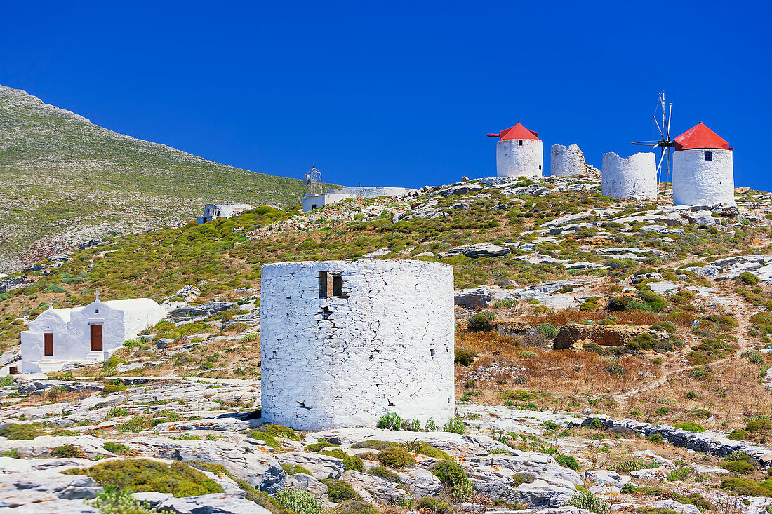 Traditional windmills, Chora, Amorgos, Cyclades Islands, Greece, Europe