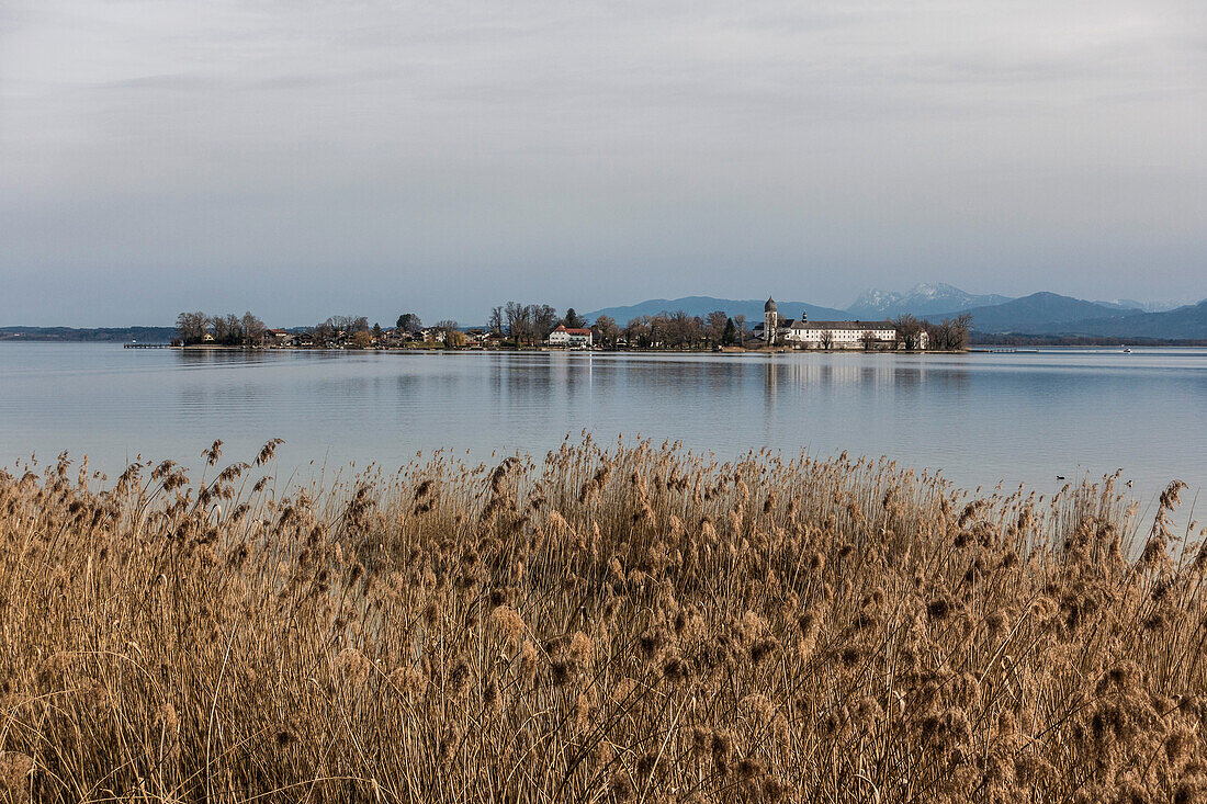 Blick auf die Fraueninsel im Chiemsee, Gstad, Bayern, Deutschland